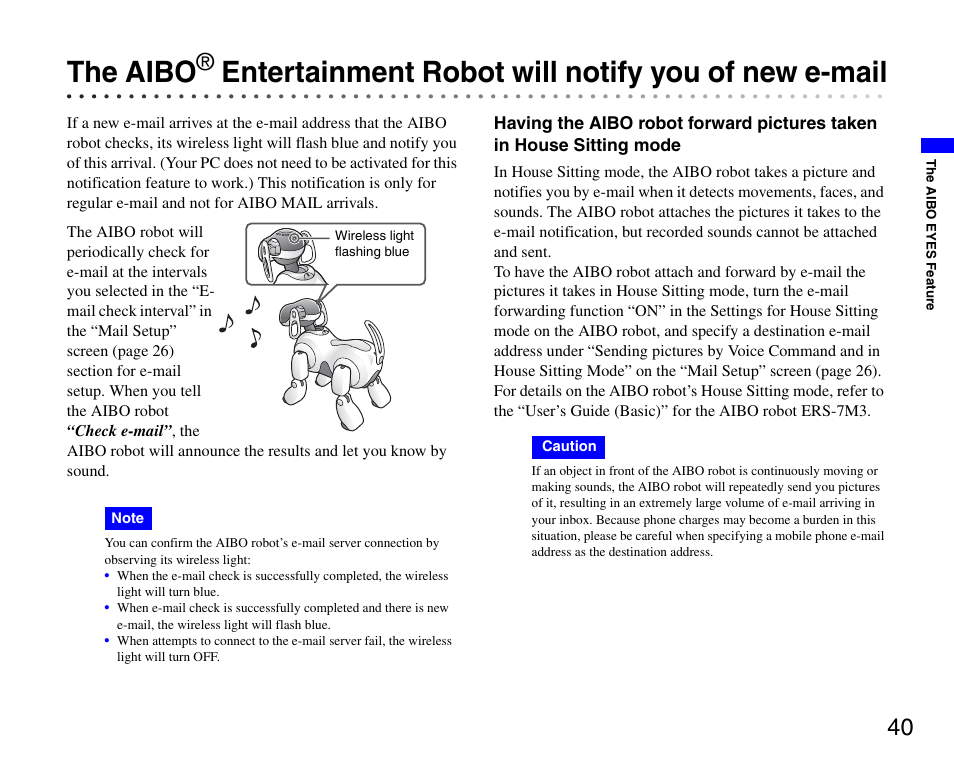 The aibo, Entertainment robot will notify you of, New e-mail | Entertainment robot will notify you of new e-mail | Sony ERS-7M3 User Manual | Page 40 / 63