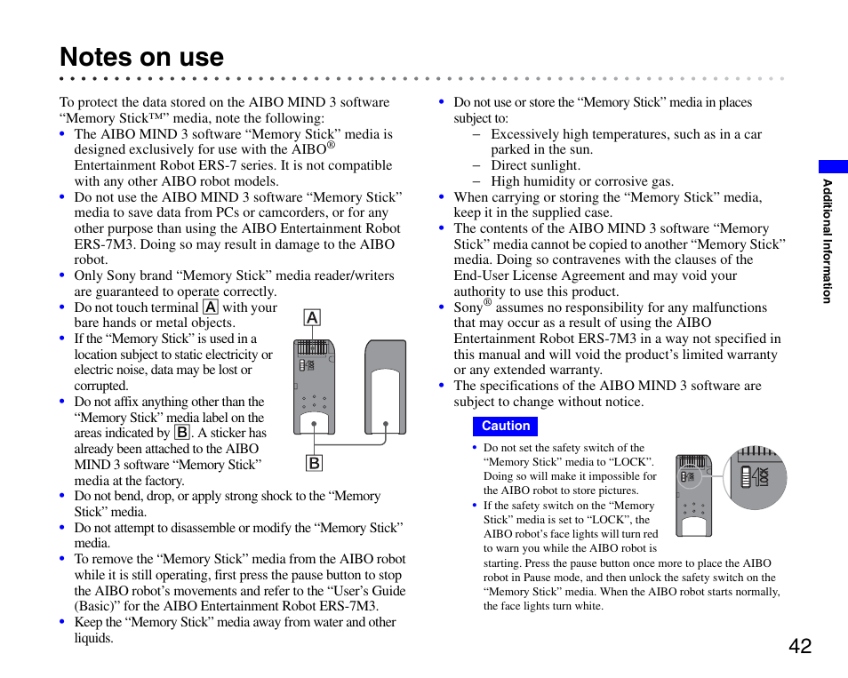 Notes on use | Sony ERS-7M3 User Manual | Page 42 / 63