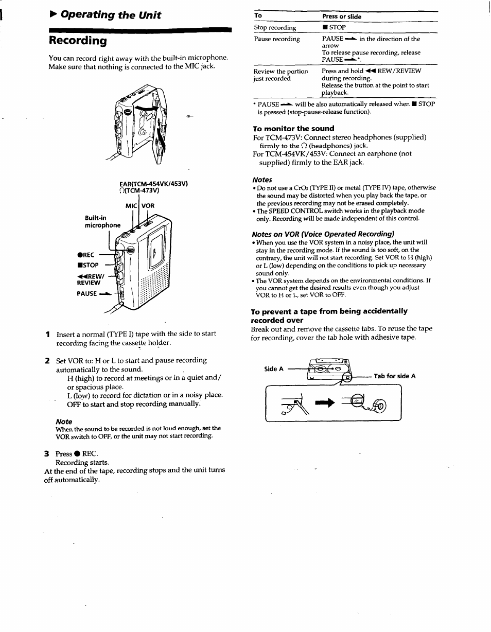 Recording, To monitor the sound, Operating the unit | Sony TCM-453V User Manual | Page 3 / 6