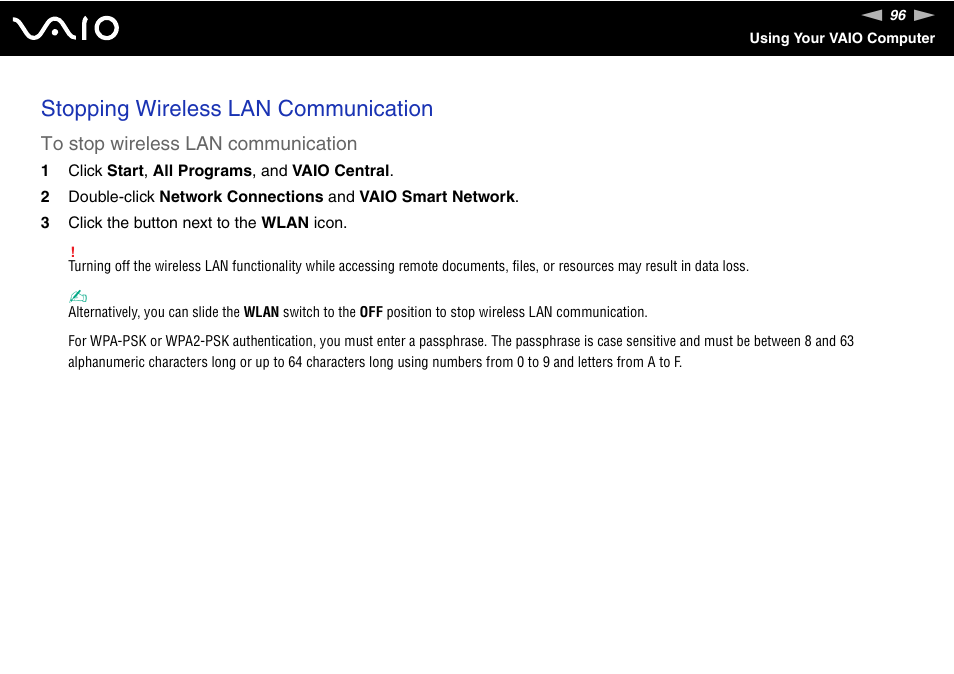 Stopping wireless lan communication | Sony VGC-LT18E User Manual | Page 96 / 191