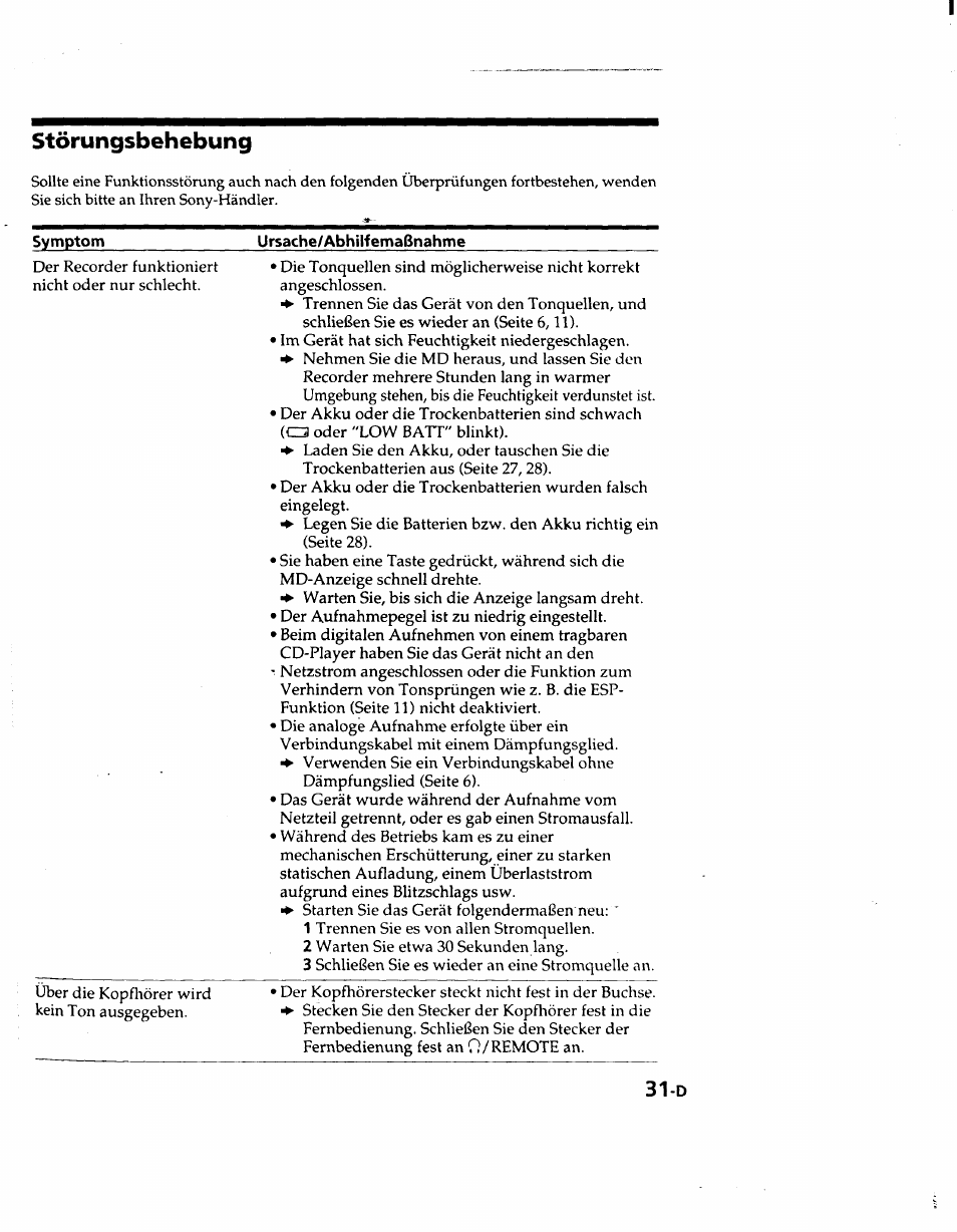 Störungsbehebung, Ursache/abhilfemaßnahme | Sony MZ-R50 User Manual | Page 108 / 195