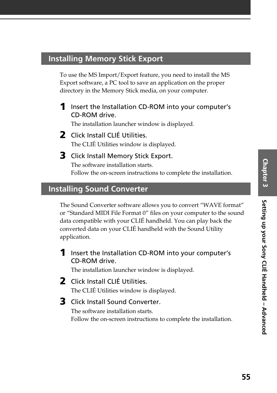 Installing memory stick export, Installing sound converter | Sony PEG-NR70V User Manual | Page 55 / 68
