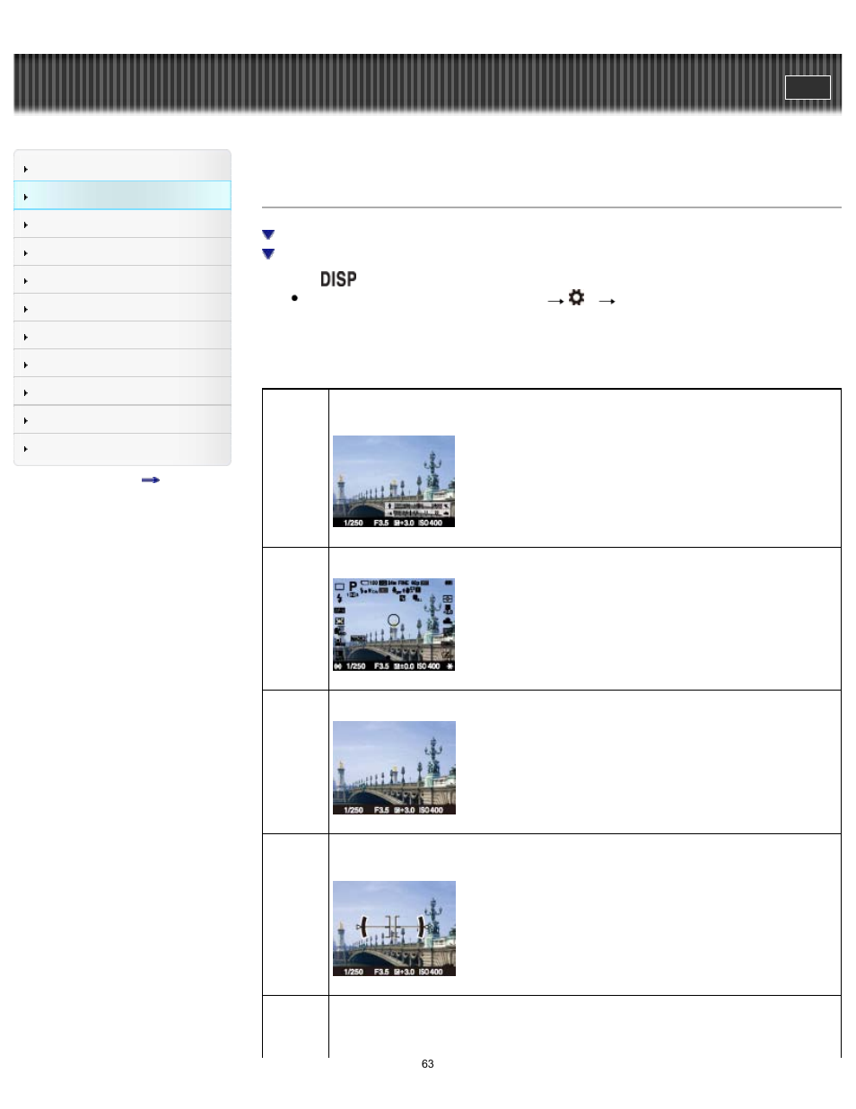 Disp (display contents), Cyber-shot user guide | Sony DSC-RX1 User Manual | Page 63 / 267