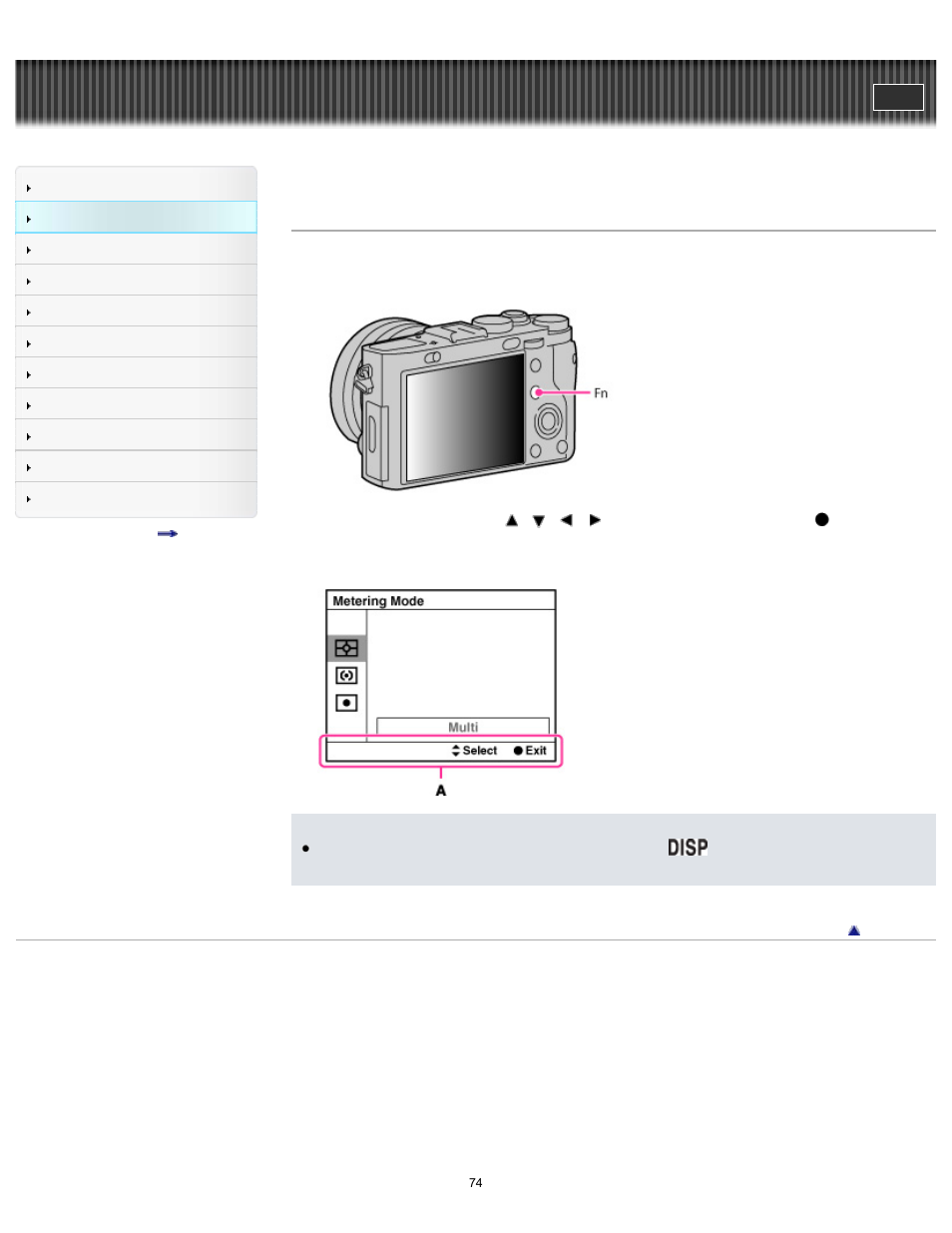 Using the fn (function) button, Cyber-shot user guide | Sony DSC-RX1 User Manual | Page 74 / 267