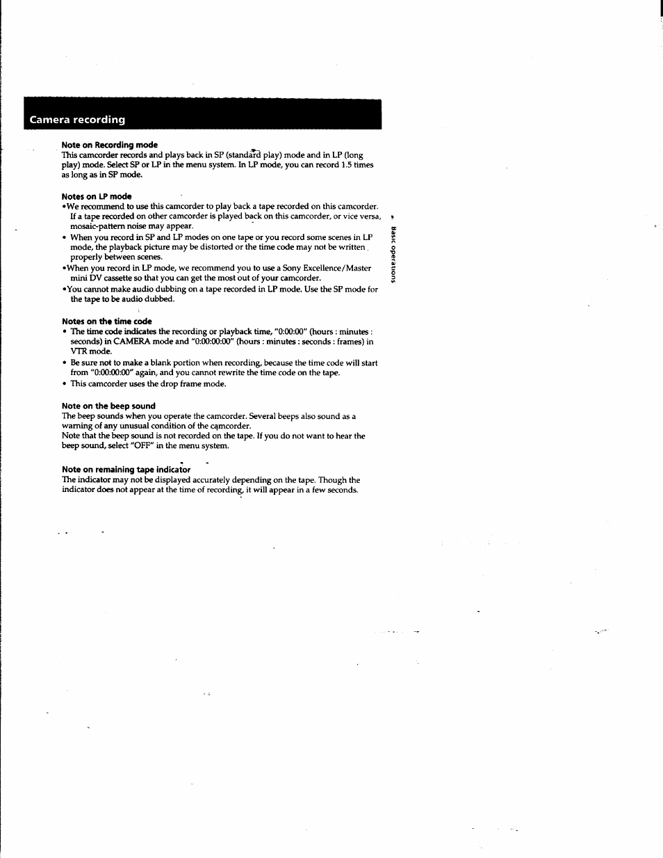 Note on recording mode, Notes on lp mode, Notes on the time code | Note on the beep sound, Note on remaining tape indicator, Camera recording | Sony DCR-PC1 User Manual | Page 13 / 102
