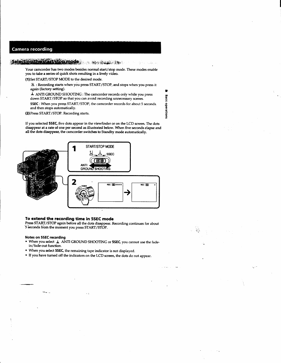 To extend the recording time in 5sec mode, Camera recording | Sony DCR-PC1 User Manual | Page 15 / 102