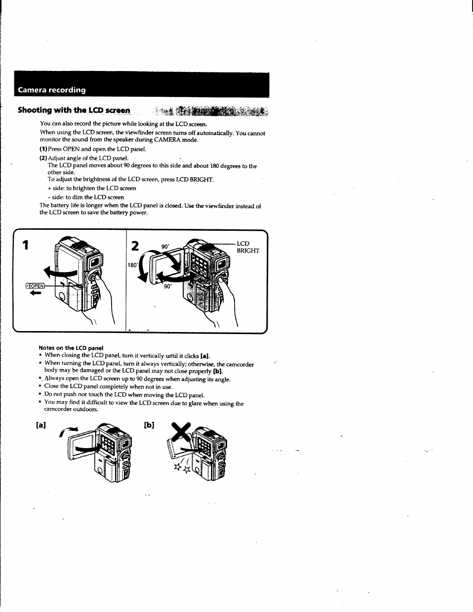 Shooting with the lcd scrmii, Notes on the lcd panel, Shooting with the lcd screen | Camera recording | Sony DCR-PC1 User Manual | Page 16 / 102
