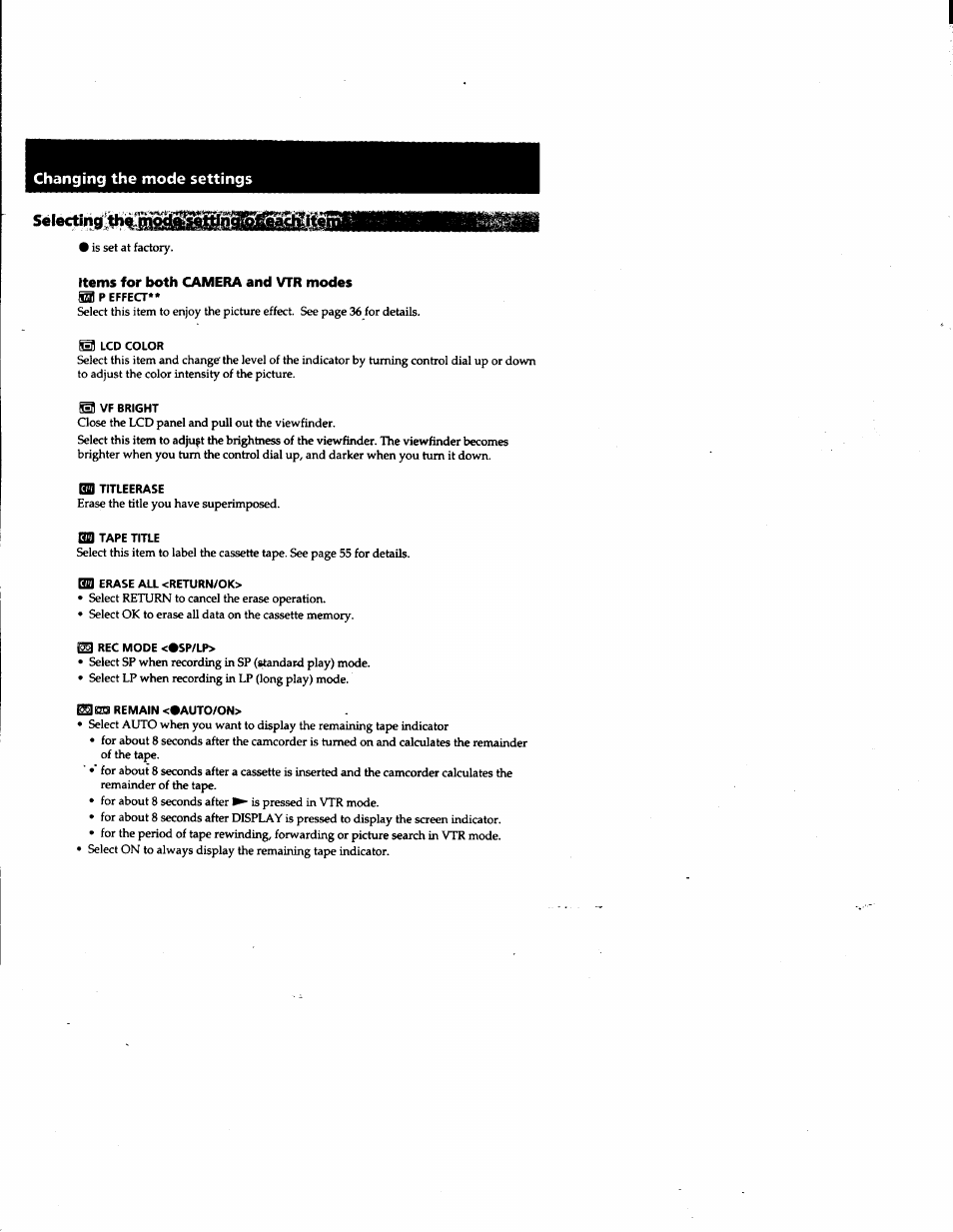 Items for both camera and vtr modes, Lcd color, 1 vf bright | Bq titleerase, Bd tape title, Bui erase all <return/ok, Is rec mode <«sp/lp, Sezq remain <«auto/on, Changing the mode settings | Sony DCR-PC1 User Manual | Page 28 / 102