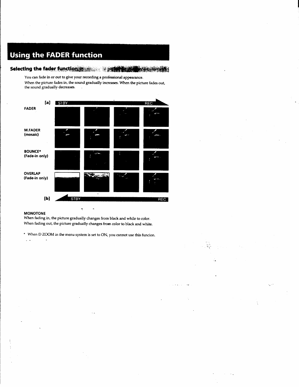 Using the fader function, Selecting the fader, A] bhl | Fader, M.fader, Monotone | Sony DCR-PC1 User Manual | Page 32 / 102