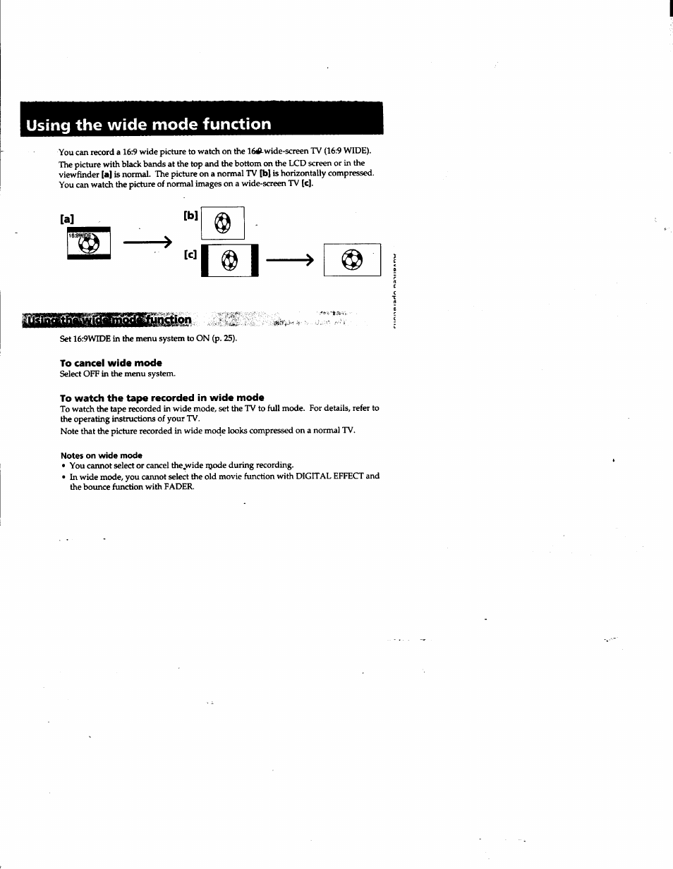 Using the wide mode function, Llpn, To cancel wide mode | To watch the tape recorded in wide mode, Notes on wide mode | Sony DCR-PC1 User Manual | Page 35 / 102