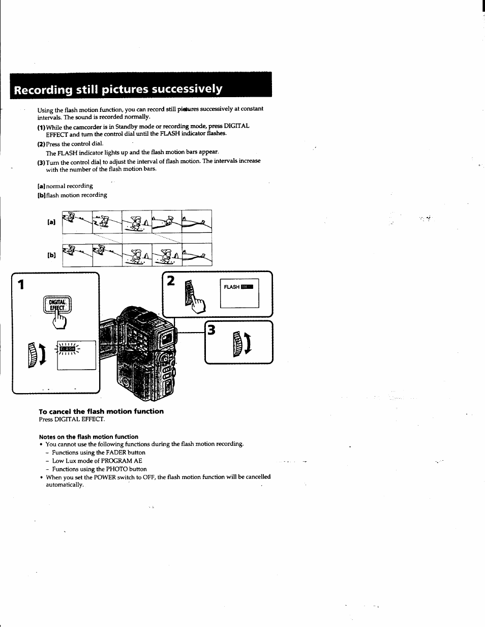 Recording still pictures successively, To cancel the flash motion function, Notes on the flash motion function | Sony DCR-PC1 User Manual | Page 38 / 102