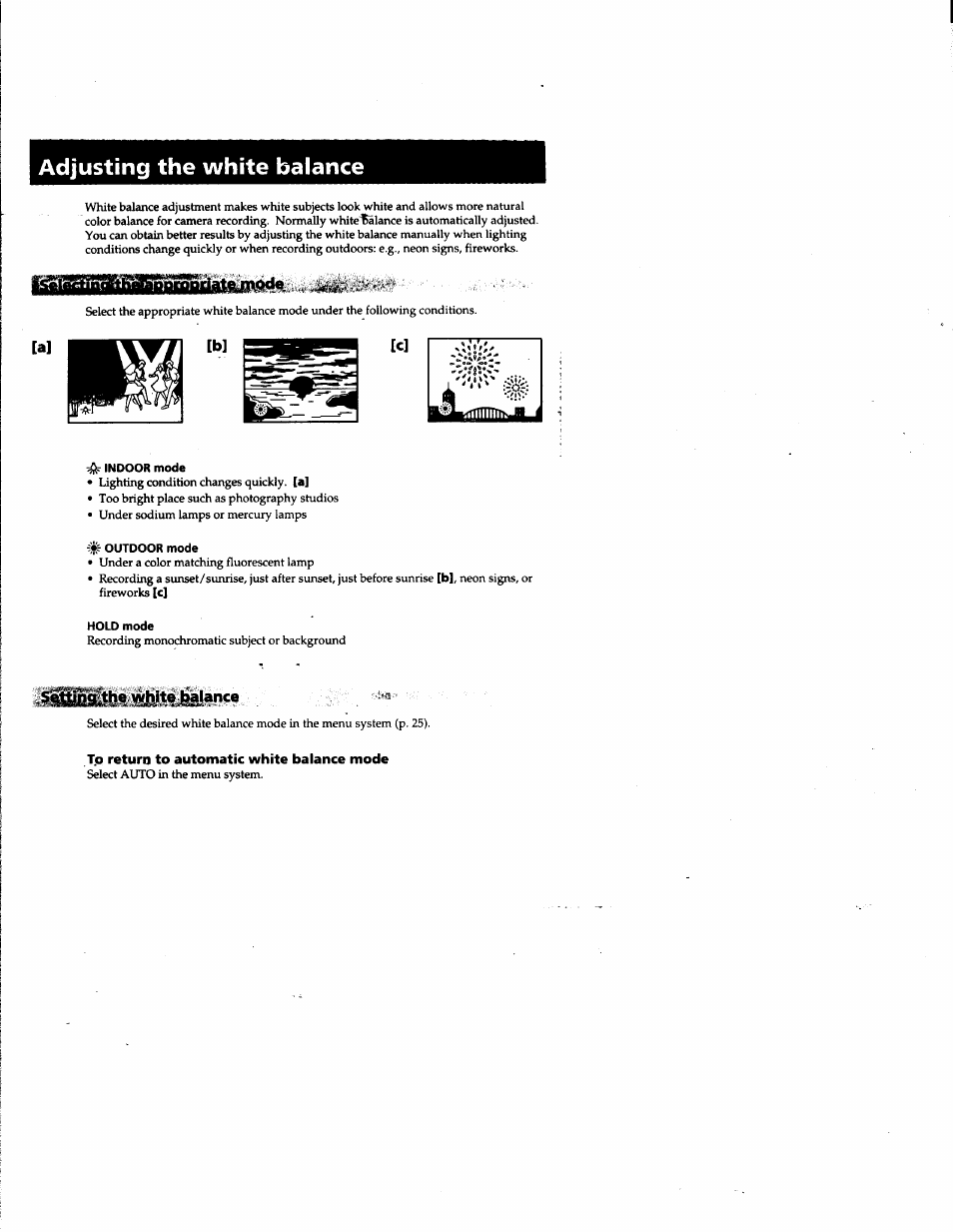 Adjusting the white balance, Indoor mode, Outdoor mode | Hold mode, Tp return to automatic white balance mode | Sony DCR-PC1 User Manual | Page 45 / 102