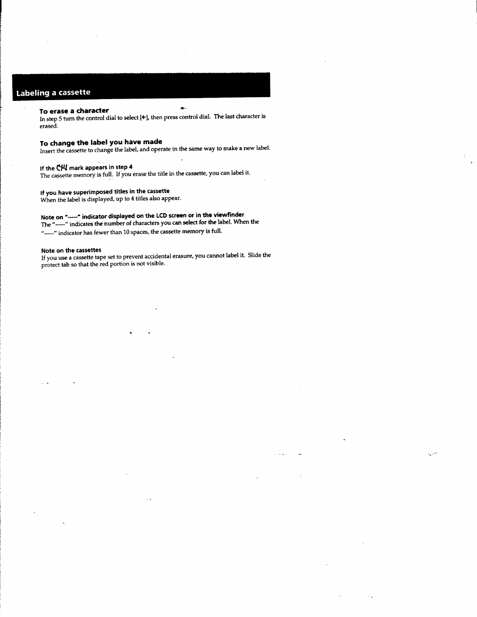 To erase a character, To change the label you have made, If you have superimposed titles in the cassette | Note on the cassettes | Sony DCR-PC1 User Manual | Page 56 / 102