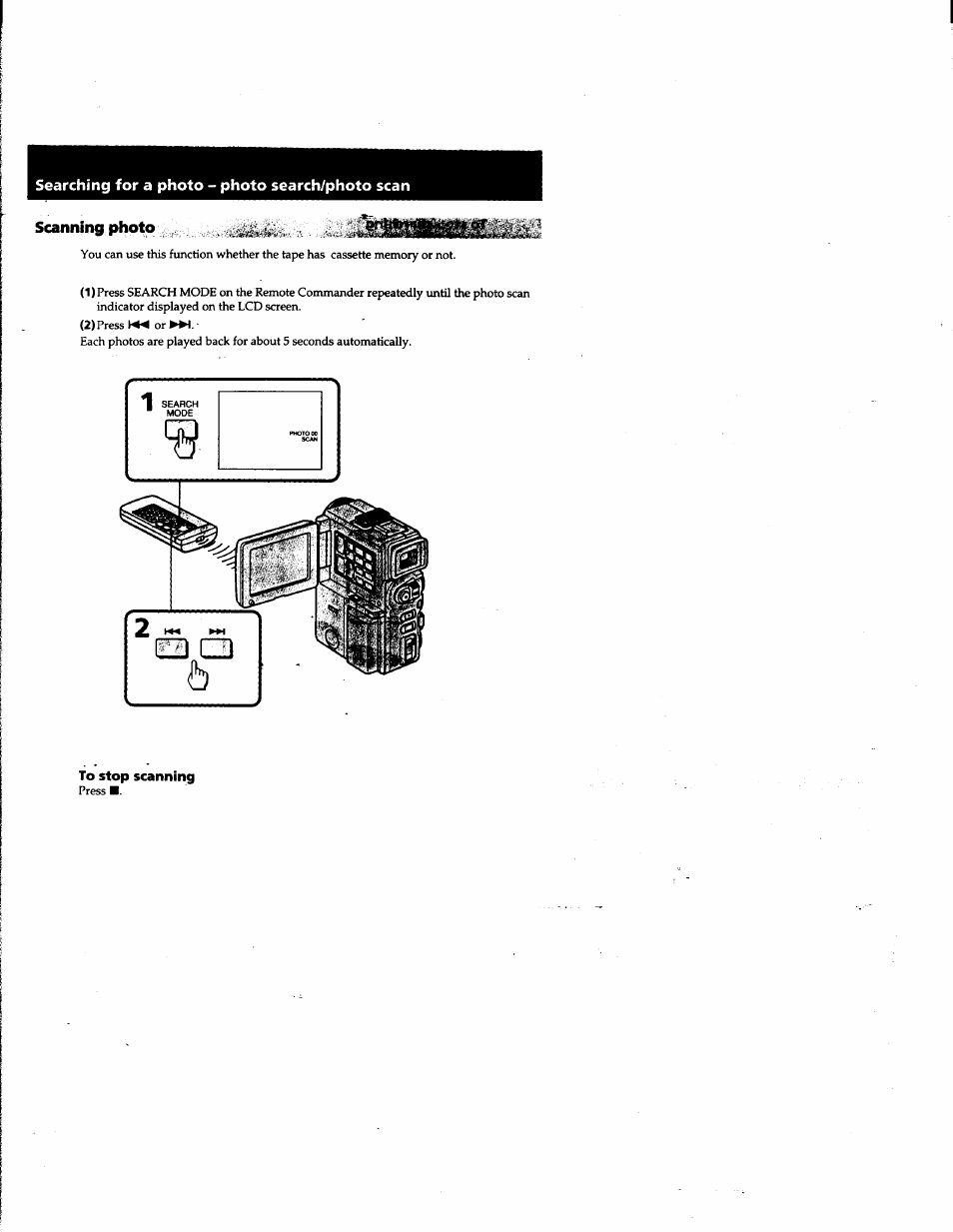 Scanning photo, To stop scanning, Searching for a photo - photo search/photo scan | Sony DCR-PC1 User Manual | Page 64 / 102