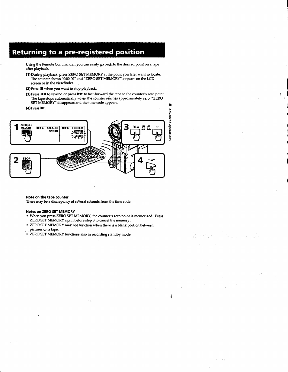 Returning to a pre-registered position, Note on the tape counter, Notes on zero set memory | Sony DCR-PC1 User Manual | Page 65 / 102
