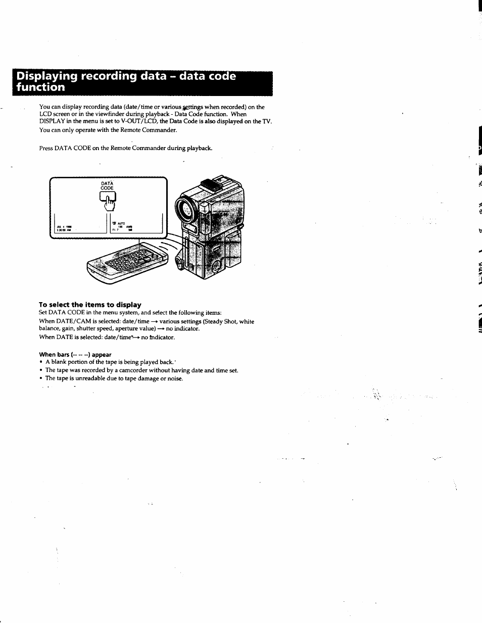 Displaying recording data - data code function, To select the items to display, When bars ( ) appear | Sony DCR-PC1 User Manual | Page 66 / 102