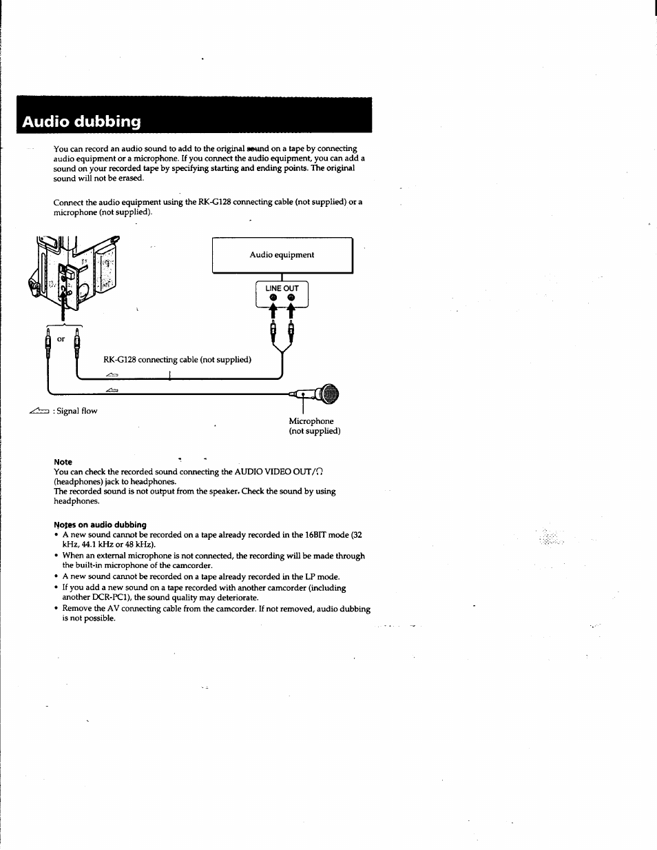 Audio dubbing, Note, Notes on audio dubbing | Sony DCR-PC1 User Manual | Page 70 / 102