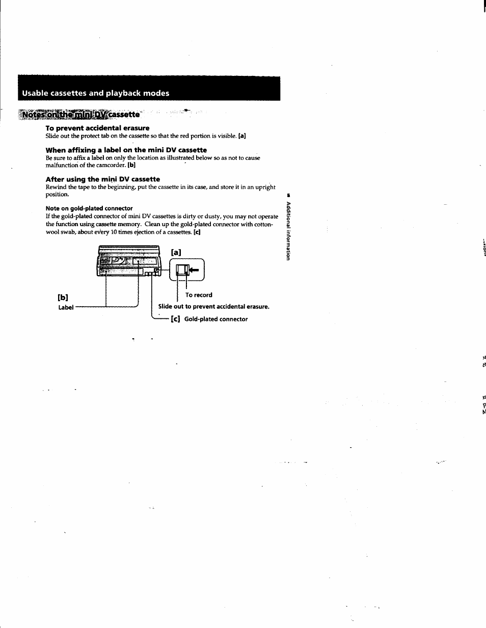 Usable cassettes and playback modes, Cassette, To prevent accidental erasure | When affixing a label on the mini dv cassette, After using the mini dv cassette, Note on gold-plated connector | Sony DCR-PC1 User Manual | Page 73 / 102