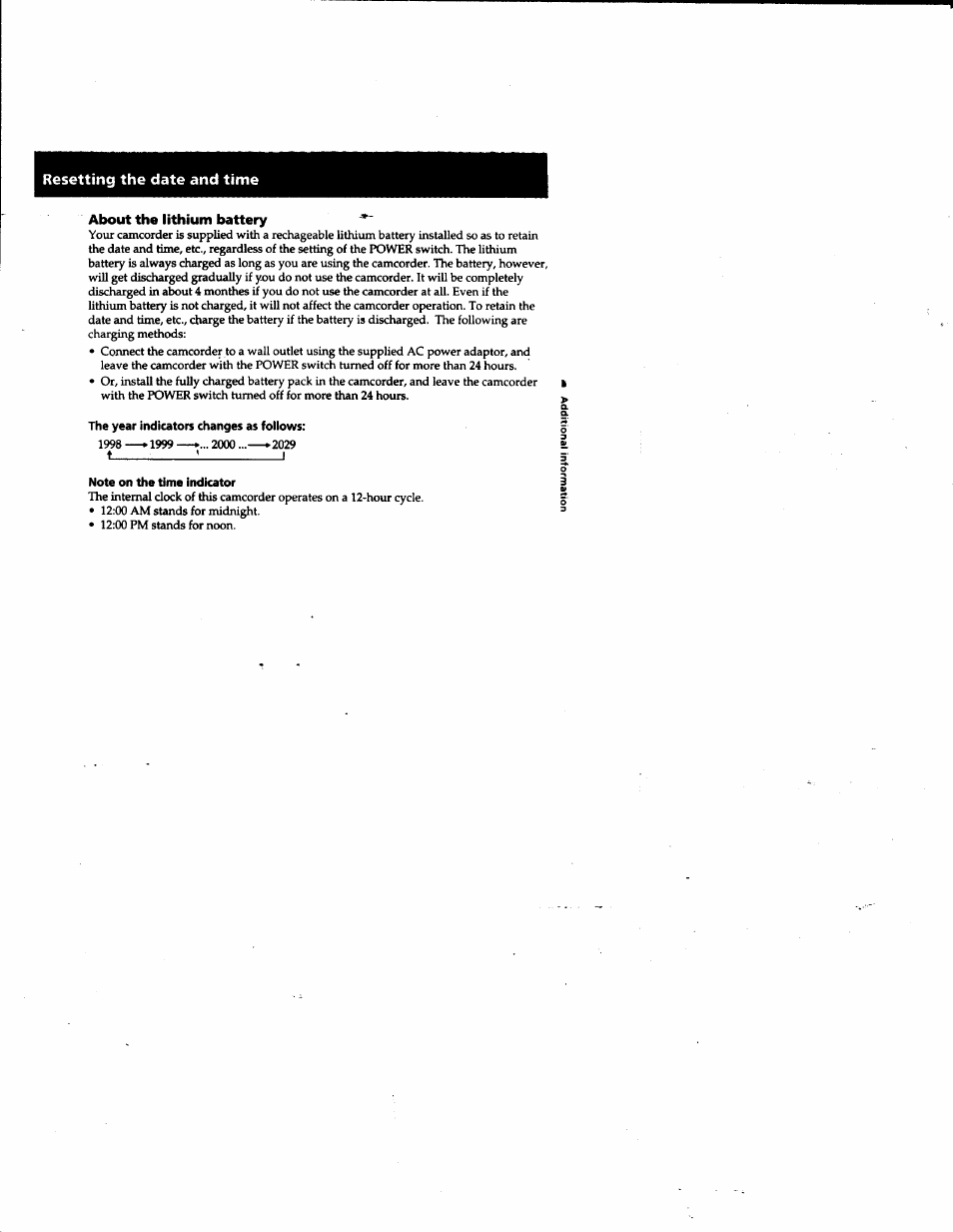 Resetting the date and time, About the lithium battery, The year indicators changes as follows | Note on the time indicator | Sony DCR-PC1 User Manual | Page 75 / 102