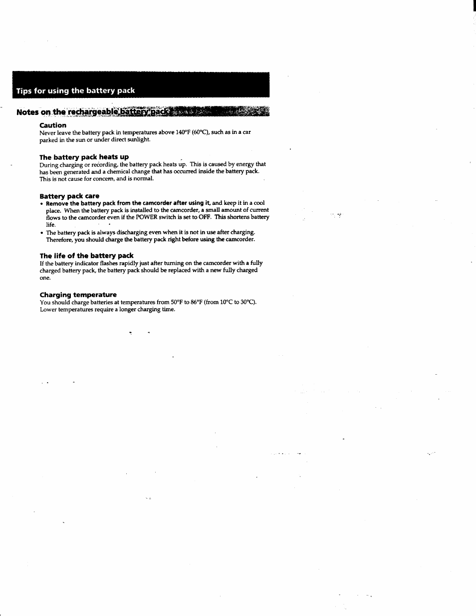 Notes on, Caution, The battery pack heats up | Battery pack care, The life of the battery pack, Charging temperature, Tips for using the battery pack | Sony DCR-PC1 User Manual | Page 80 / 102
