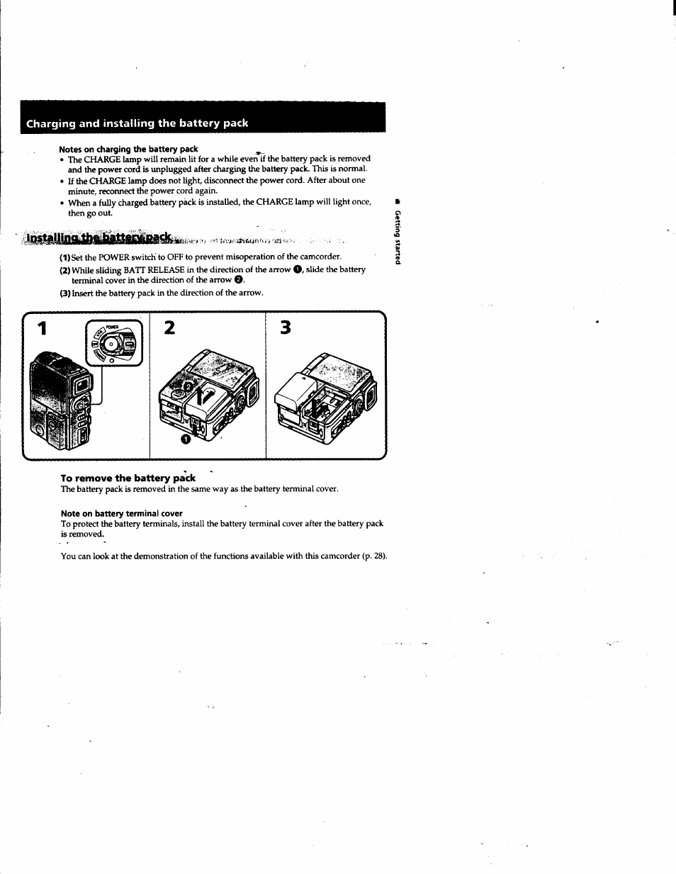 Notes on charging the battery pack, To remove the battery pack, Note on battery terminal cover | Charging and installing the battery pack | Sony DCR-PC1 User Manual | Page 9 / 102