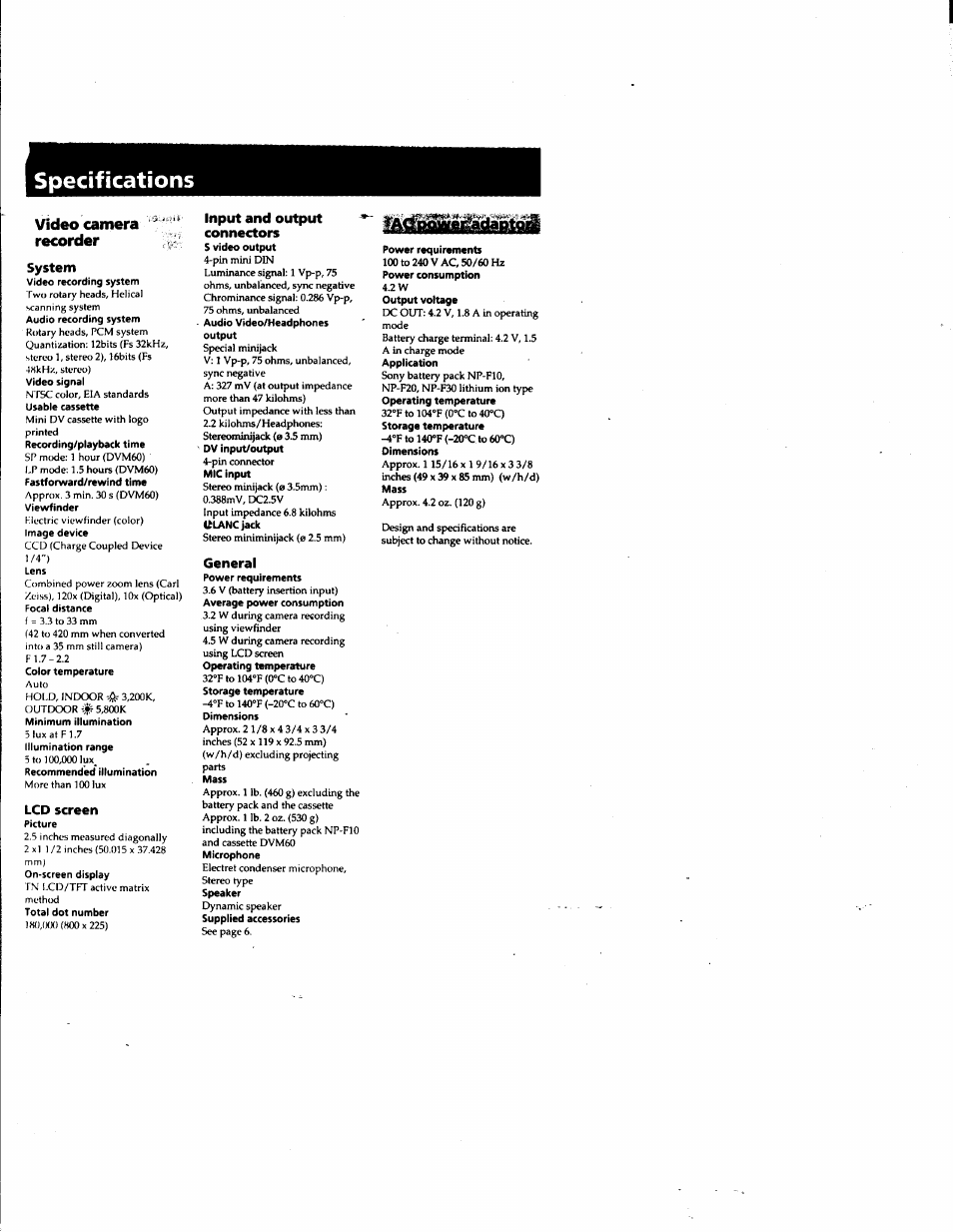 Specifications, Video camera " ” recorder, System | Lcd screen, Input and output ^ connectors, General | Sony DCR-PC1 User Manual | Page 92 / 102