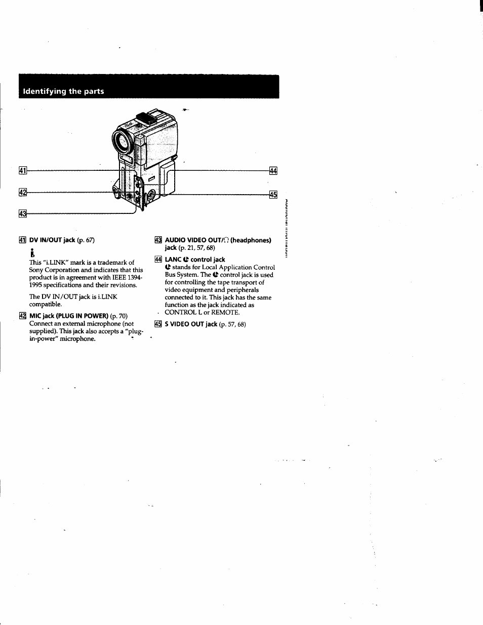 Audio video out/0 (headphones) jack (p. 21,57,68), Identifying the parts | Sony DCR-PC1 User Manual | Page 97 / 102
