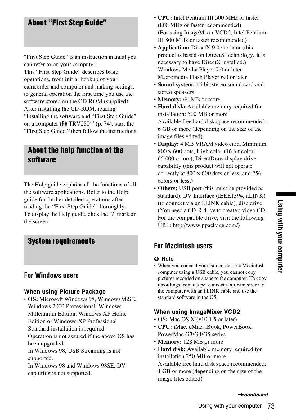 About “first step guide, About the help function of the software, System requirements | Sony CCD-TRV338 User Manual | Page 73 / 112