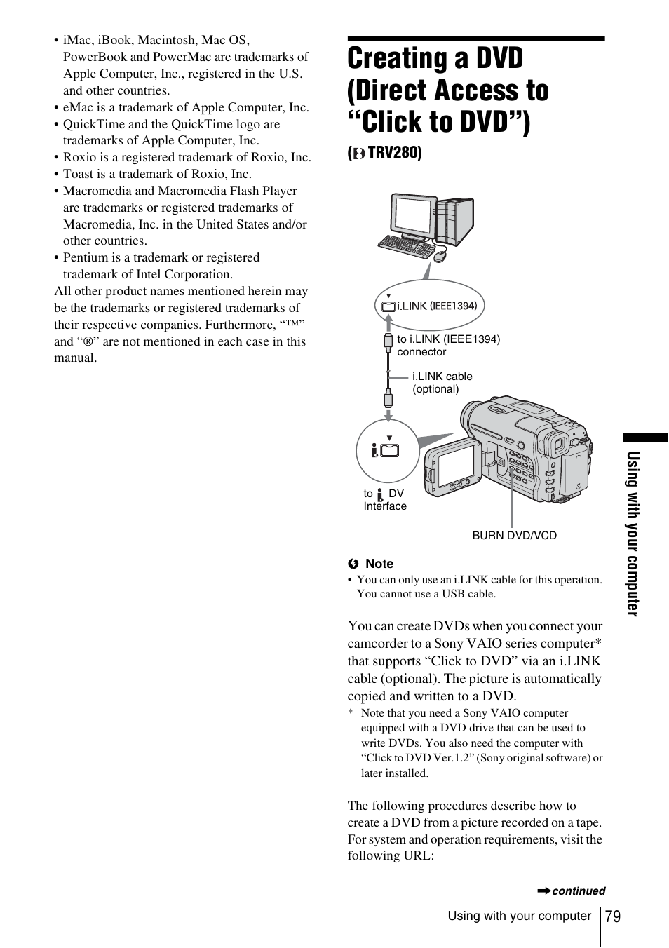 Creating a dvd (direct access to “click, To dvd”), Trv280) | Creating a dvd (direct access to “click to dvd”) | Sony CCD-TRV338 User Manual | Page 79 / 112