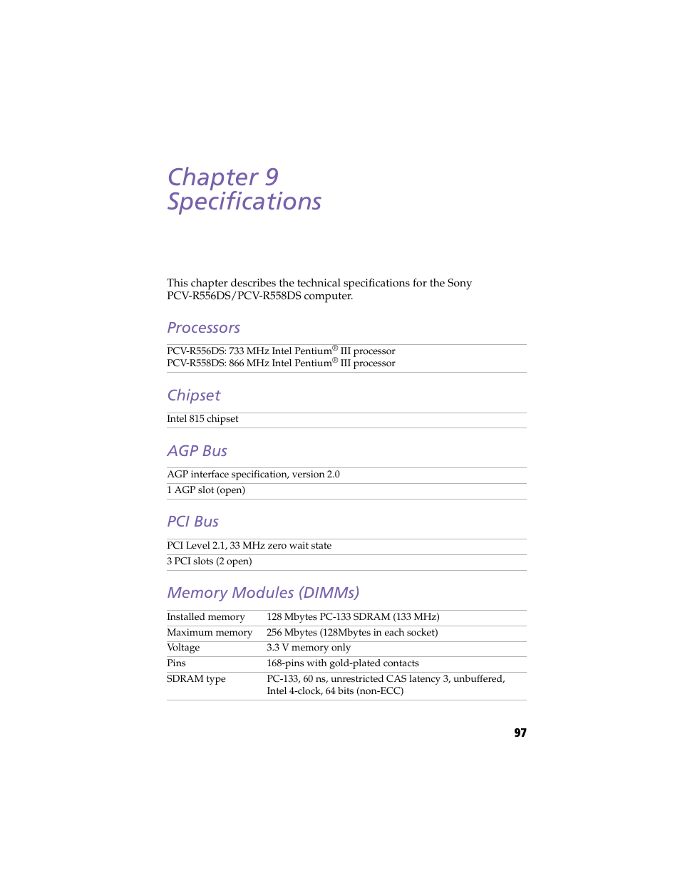 Specifications, Processors, Chipset | Agp bus, Pci bus, Memory modules (dimms), Chapter 9 — specifications, Chapter 9 specifications | Sony PCV-R558DS User Manual | Page 111 / 118