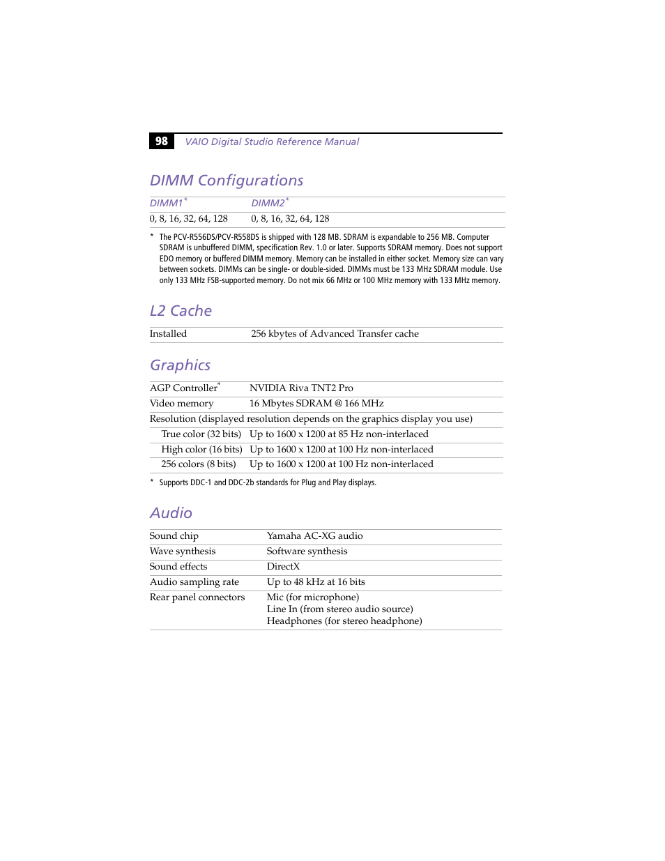 Dimm configurations, L2 cache, Graphics | Audio, Dimm configurations l2 cache graphics audio | Sony PCV-R558DS User Manual | Page 112 / 118