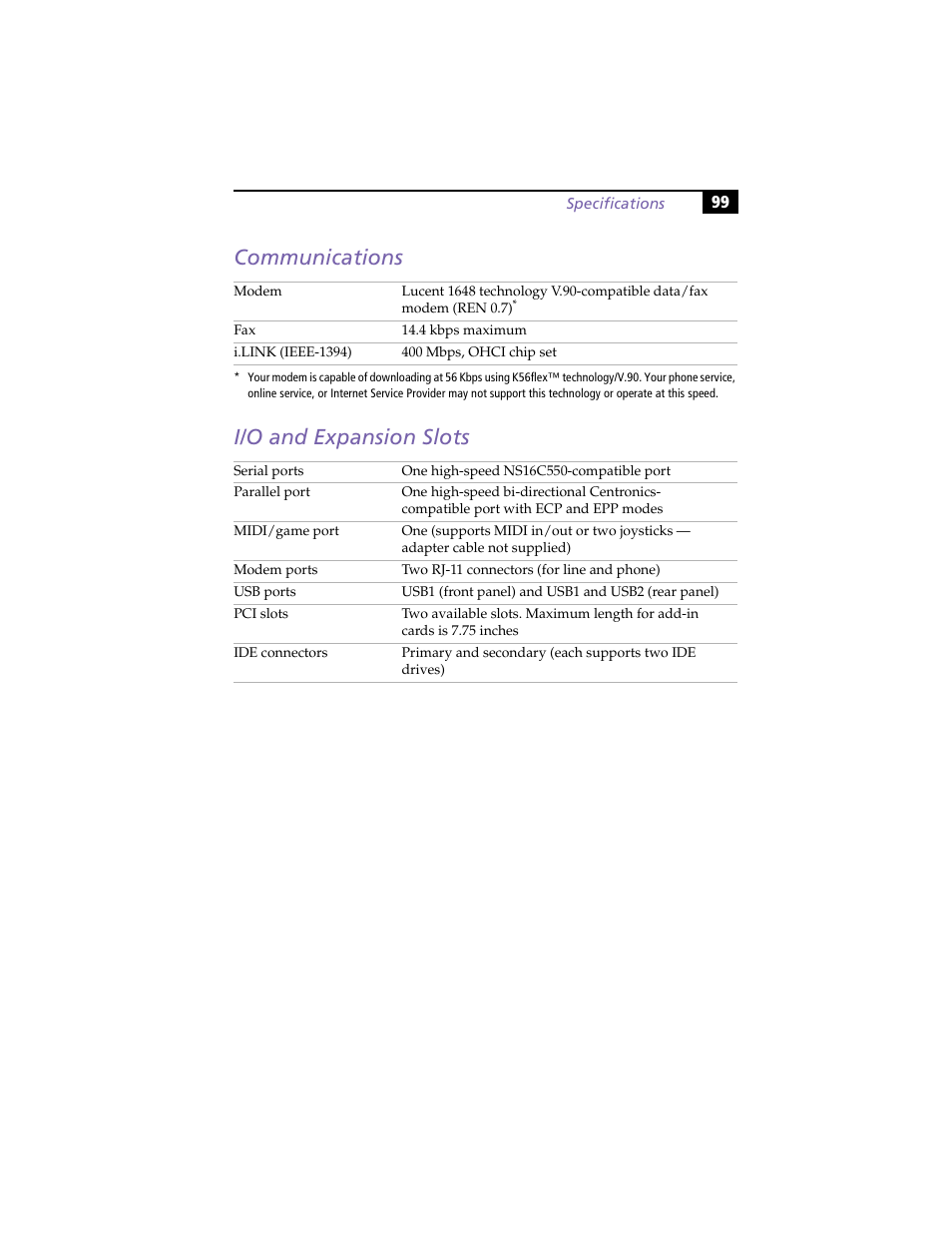Communications, I/o and expansion slots, Communications i/o and expansion slots | Sony PCV-R558DS User Manual | Page 113 / 118