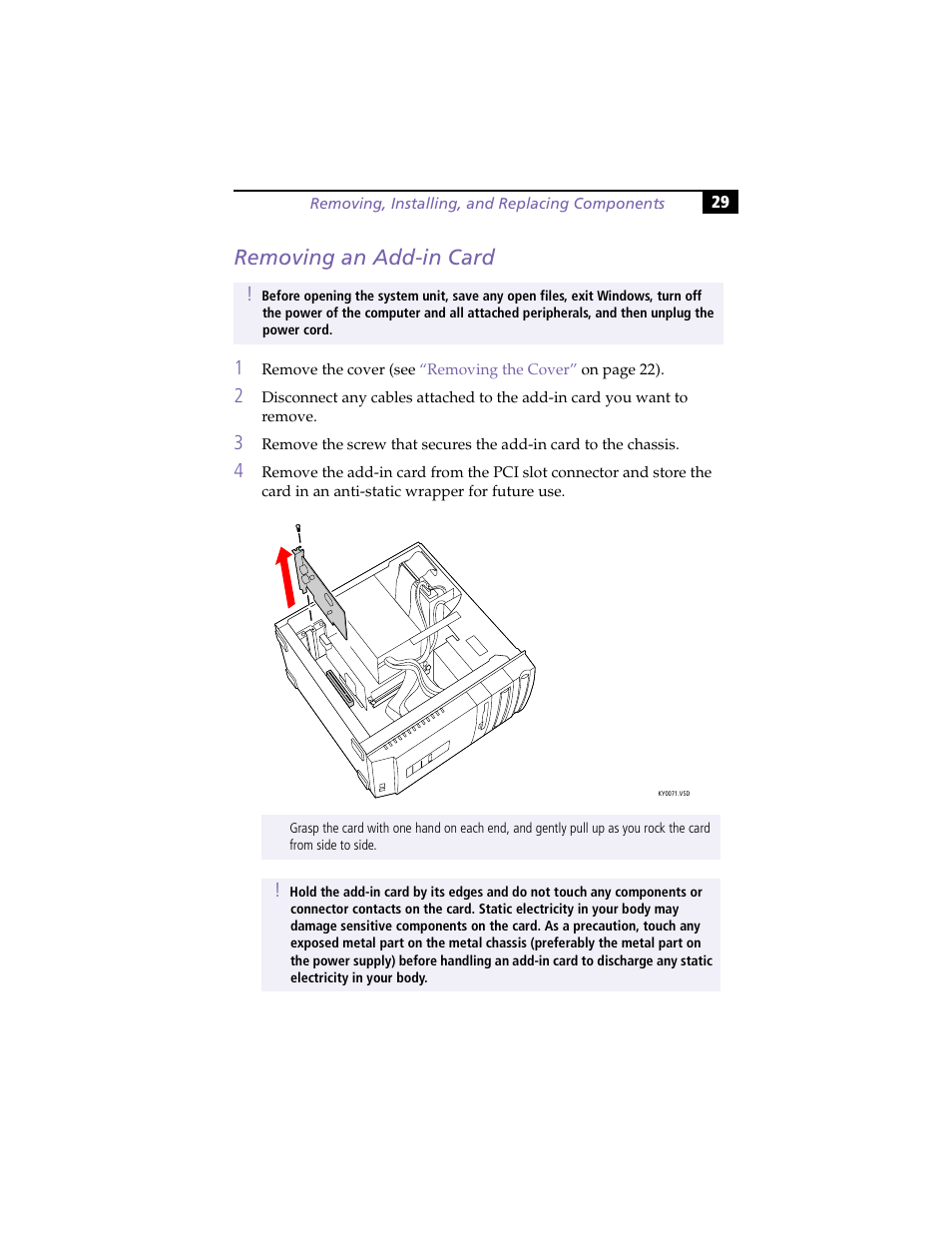 Removing an add-in card | Sony PCV-R558DS User Manual | Page 43 / 118