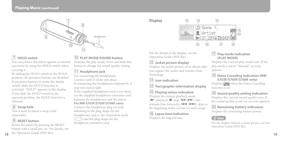 19 playing music, Display | Sony NW-S703F User Manual | Page 10 / 14