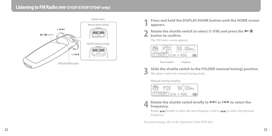 Listening to fm radio (nw-s703f/s705f/s706f only), Listening to fm radio, Nw-s703f/s705f/s706f only) | Sony NW-S703F User Manual | Page 12 / 14