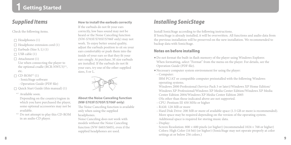 Getting started, Supplied items, Installing sonicstage | Sony NW-S703F User Manual | Page 5 / 14