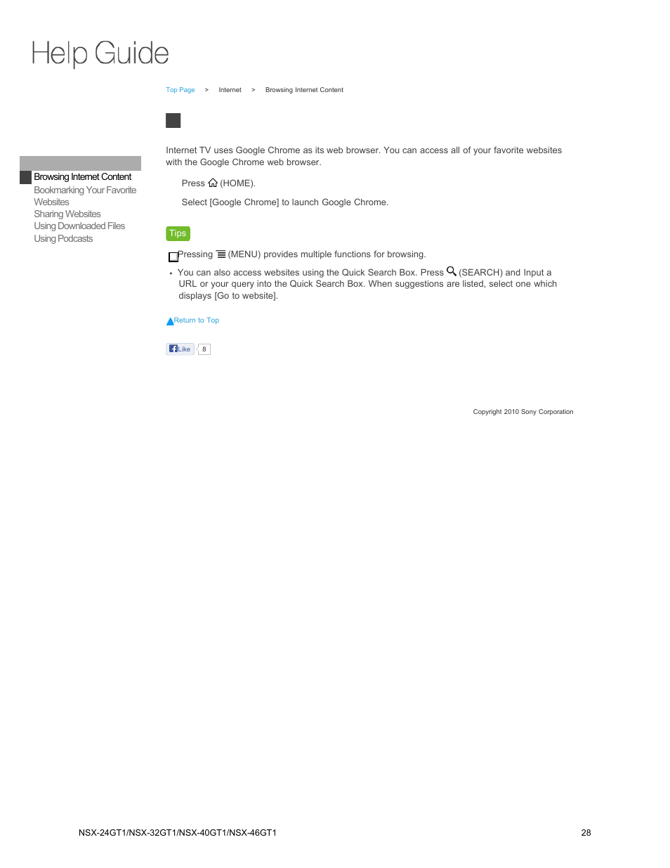 Internet, Browsing internet content | Sony NSX-32GT1 User Manual | Page 28 / 103