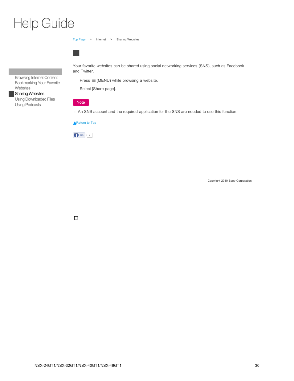 Sharing websites | Sony NSX-32GT1 User Manual | Page 30 / 103