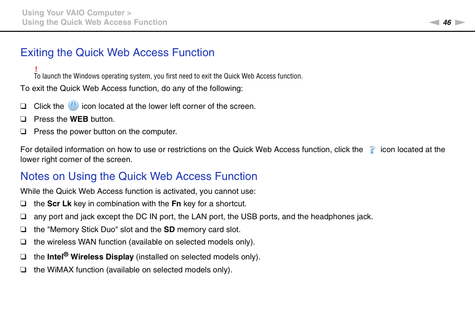 Exiting the quick web access function | Sony VPCSC1AFM User Manual | Page 46 / 210