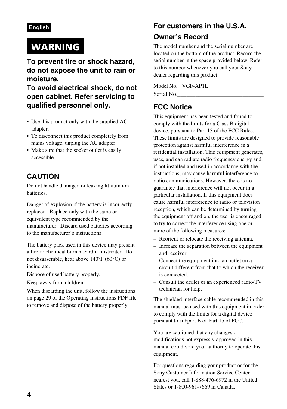 English – quick start guide, Warning, Caution | For customers in the u.s.a. owner’s record, Fcc notice | Sony VGF-AP1L User Manual | Page 4 / 104