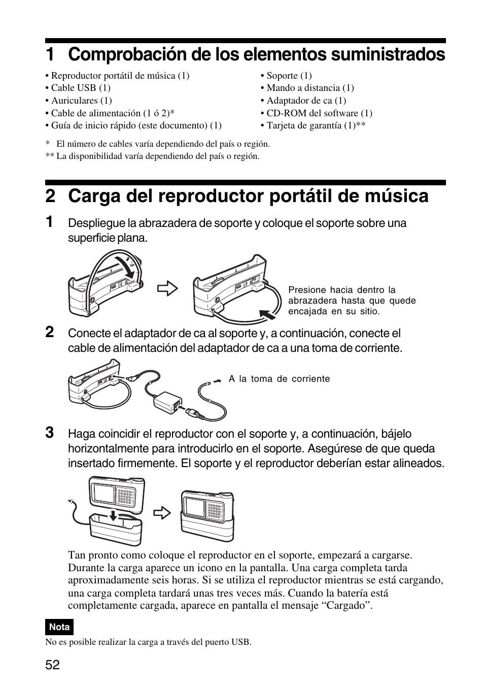 1 comprobación de los elementos suministrados, 2 carga del reproductor portátil de música | Sony VGF-AP1L User Manual | Page 52 / 104