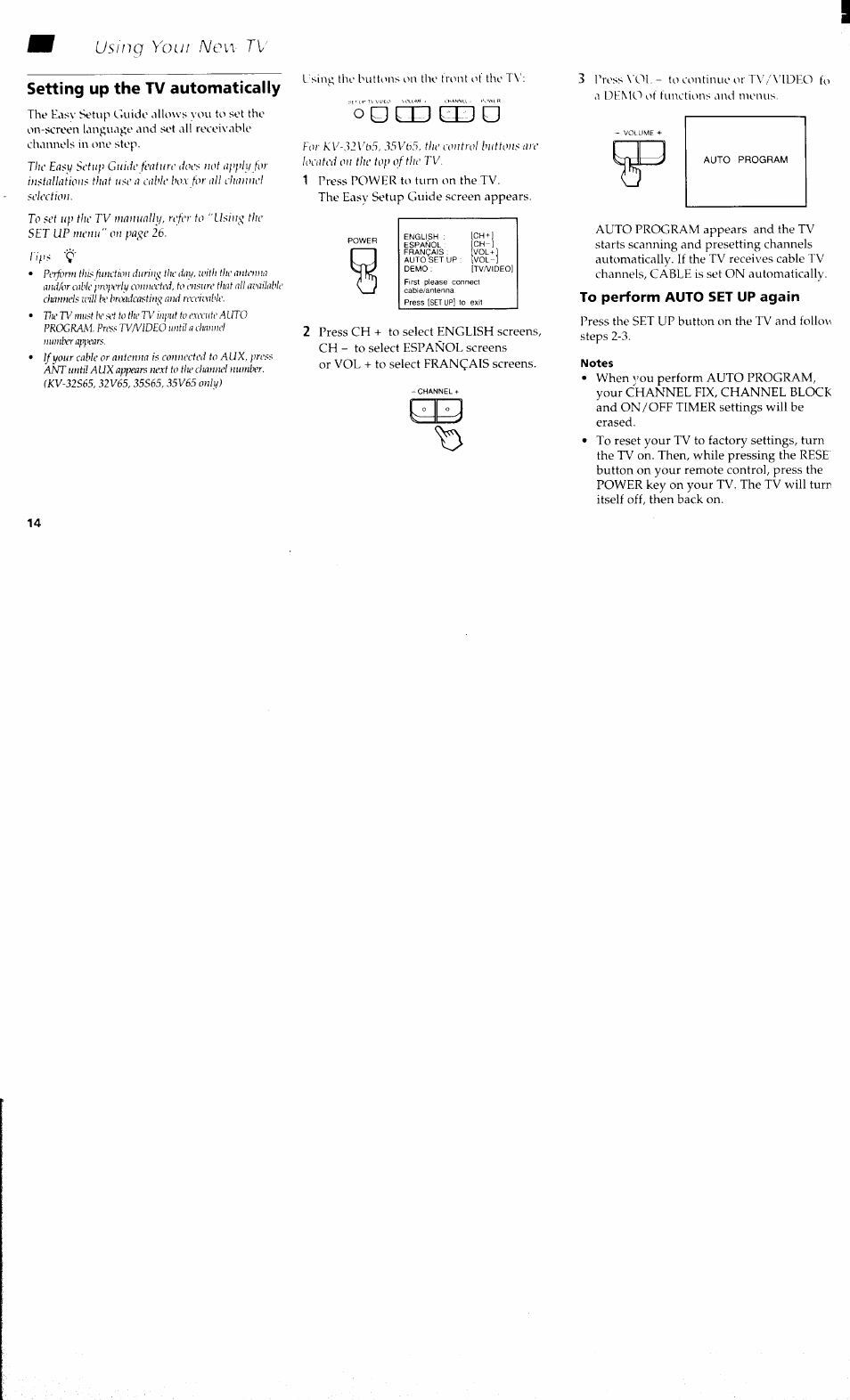Setting up the tv automatically, To perform auto set up again, Notes | A/eia, Usina yoiji | Sony KV 32S40 User Manual | Page 16 / 39