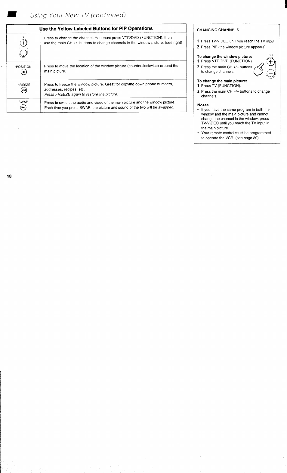 Changing channels, To change the window picture, To change the main picture | Notes, Using yout new tv (continued) | Sony KV 32S40 User Manual | Page 20 / 39