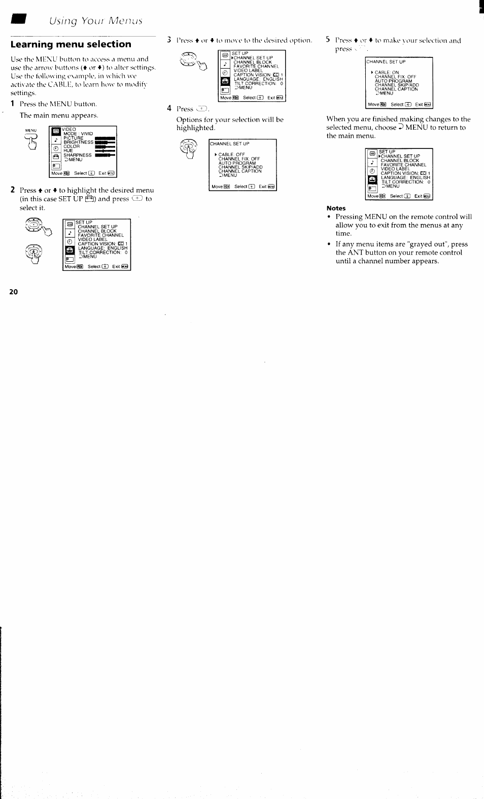 Learning menu selection, Notes, Using your menus learning menu selection | Sony KV 32S40 User Manual | Page 22 / 39