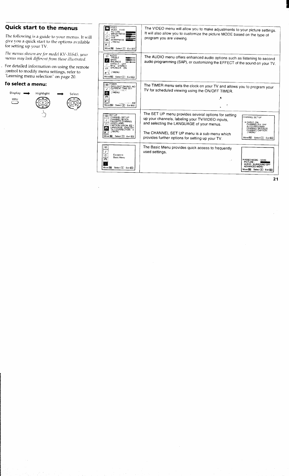 Quick start to the menus, To select a menu, Lo'i | Sony KV 32S40 User Manual | Page 23 / 39