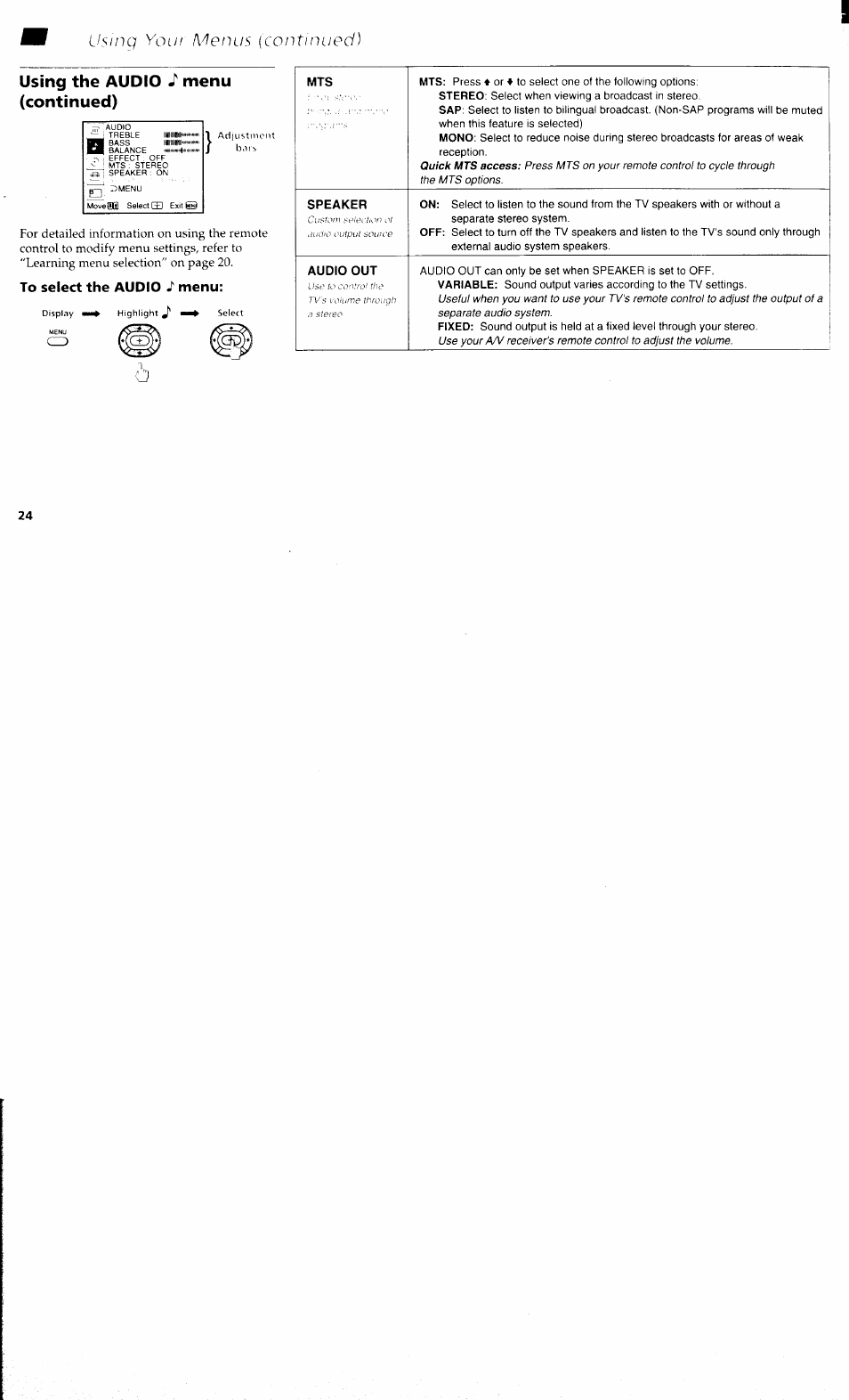 Using the audio j' menu (continued), To select the audio i menu, Ilsinq yout metujs {continued) | Using the audio, Menu (continued) | Sony KV 32S40 User Manual | Page 26 / 39