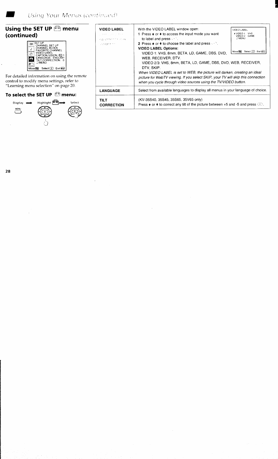 Using the set up (continued), Menu, To select the set up b menu | Video label, Language, Tilt, Correction, Usinq youi menus (contukn'd, Using the set up (continued) menu | Sony KV 32S40 User Manual | Page 30 / 39