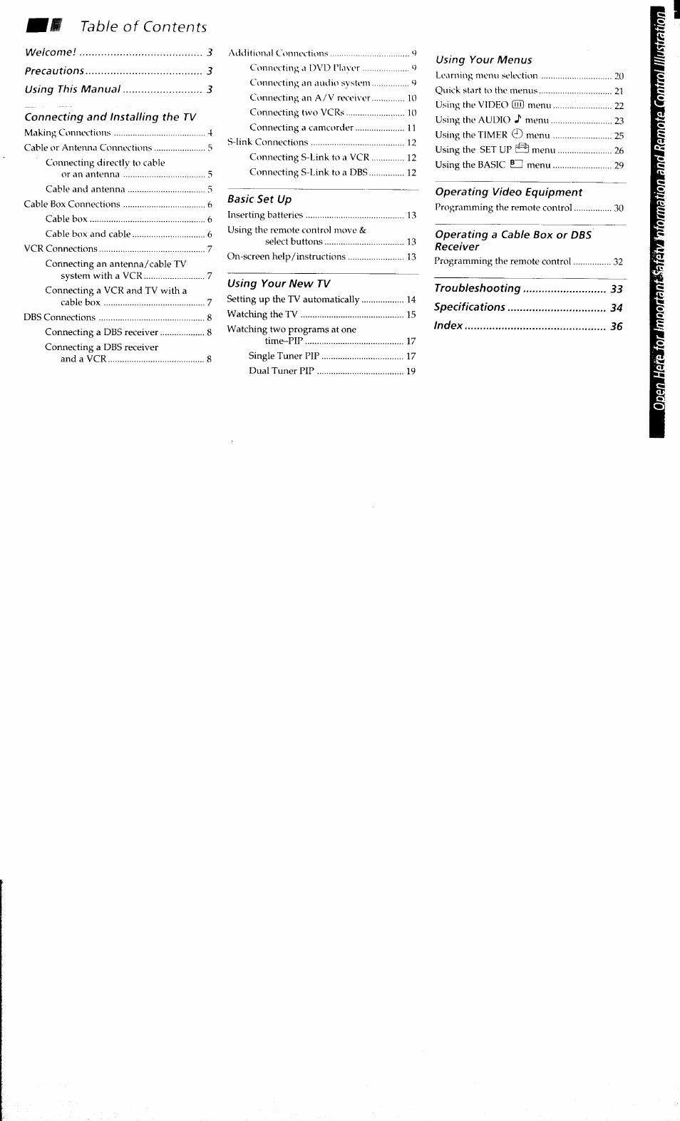 Tkk table of contents | Sony KV 32S40 User Manual | Page 4 / 39