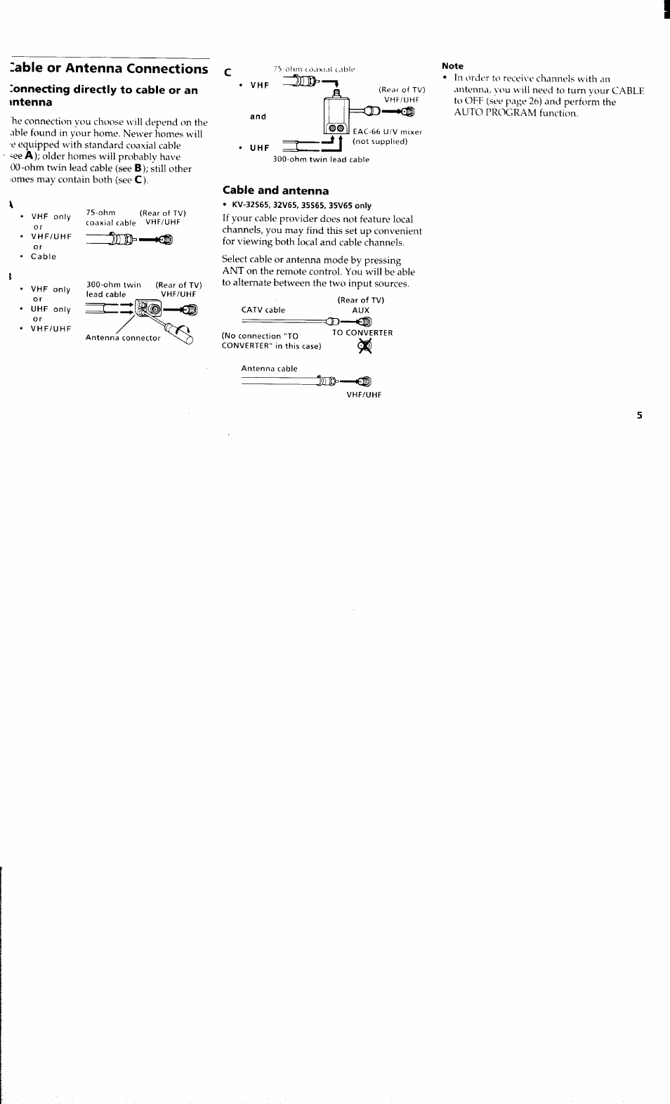 Zable or antenna connections c, Zonnecting directly to cable or an intenna, Cable and antenna | Cable or antenna connections | Sony KV 32S40 User Manual | Page 7 / 39