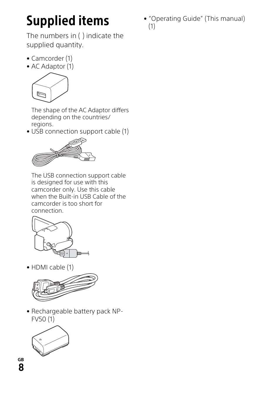 Getting started, Supplied items | Sony HDR-PJ540 User Manual | Page 8 / 32